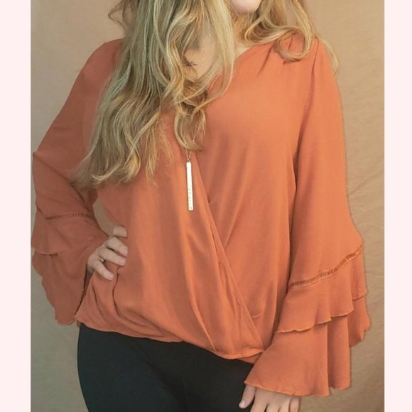 Burnt Orange Ruffle Bell Sleeve Surplus Blouse - Picture 5 of 6
